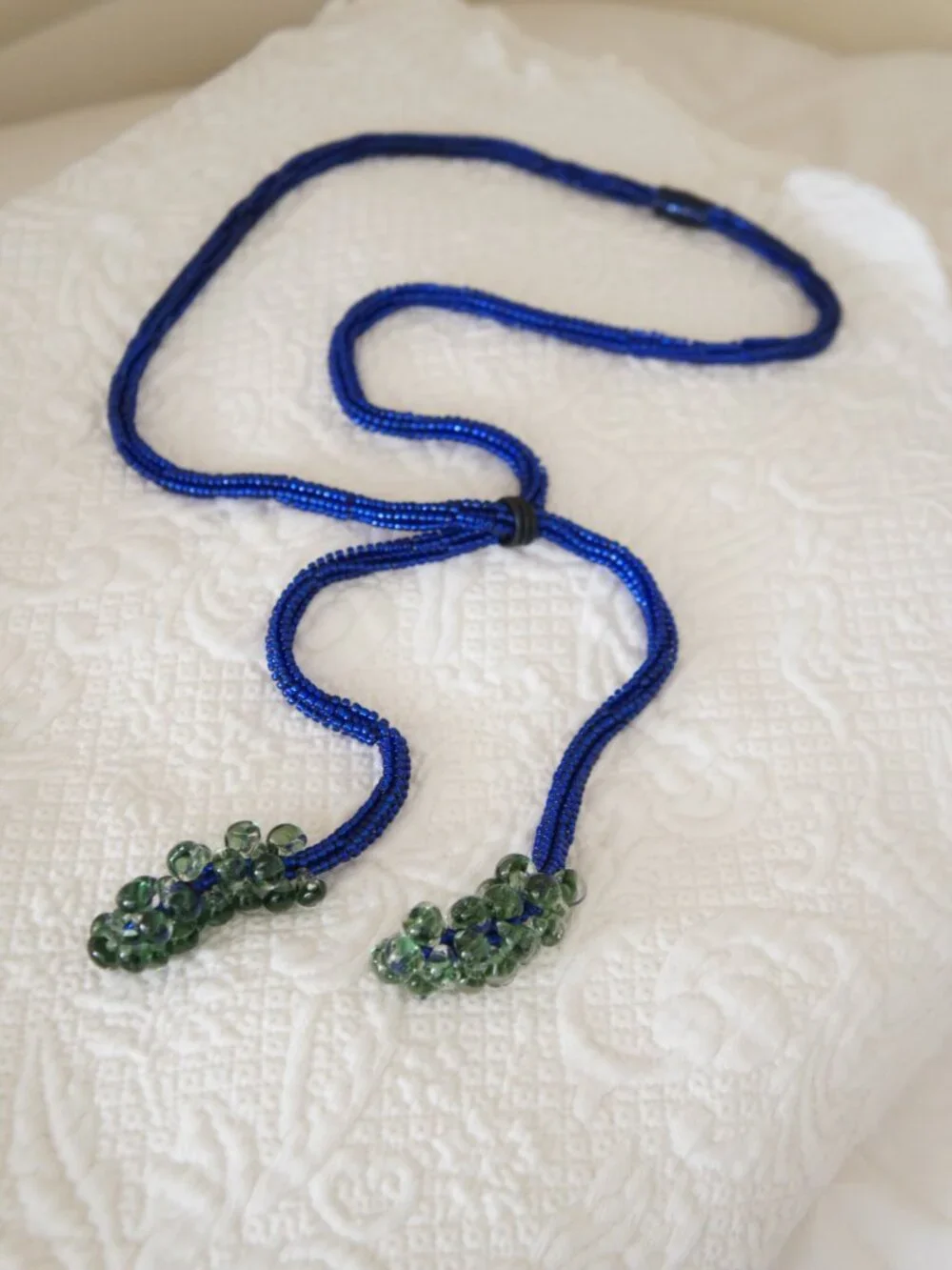 Vintage Blue & Green Long Adjustable Beaded Rope Belt or Necklace